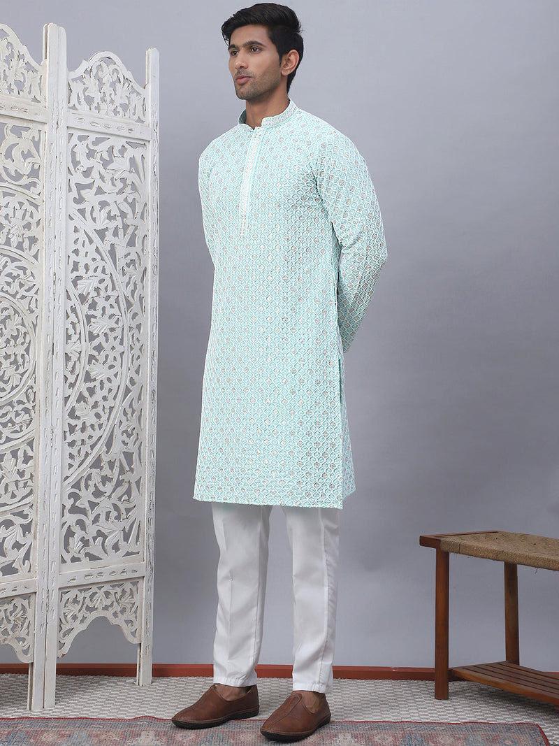 Men's Sky Blue Chikankari Embroidered and Sequence Kurta with Pyjama