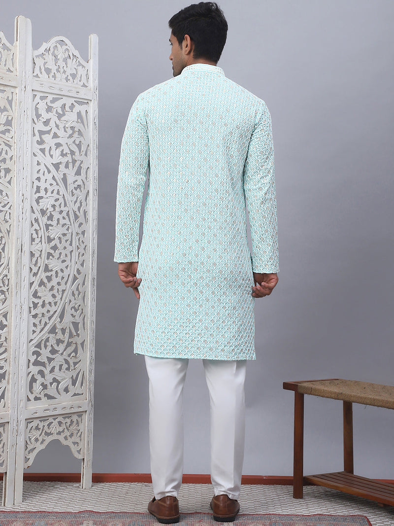 Men's Sky Blue Chikankari Embroidered and Sequence Kurta with Pyjama