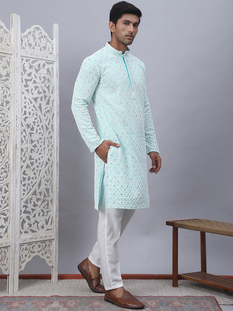 Men's Sky Blue Chikankari Embroidered and Sequence Kurta with Pyjama