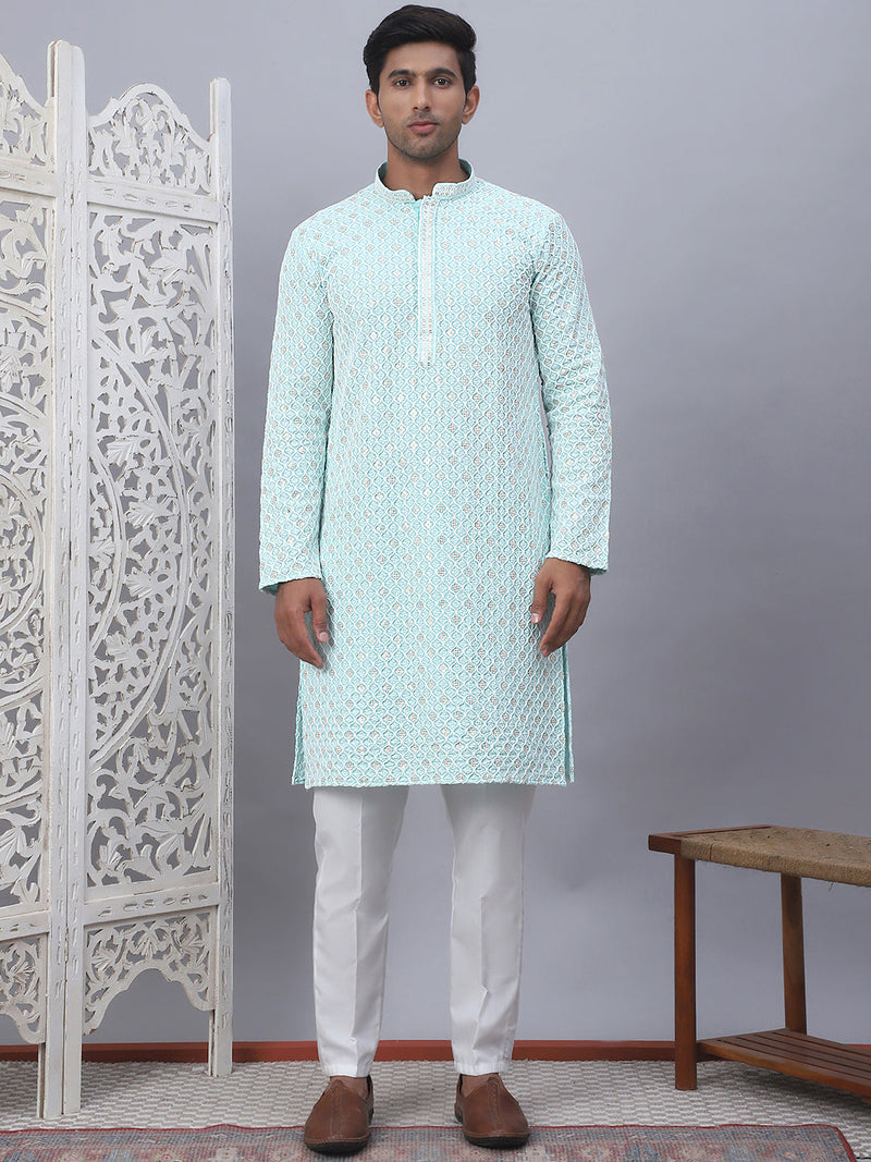 Men's Sky Blue Chikankari Embroidered and Sequence Kurta with Pyjama