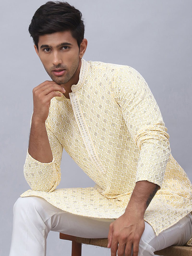 Men's Yellow Chikankari Embroidered and Sequence Kurta with Pyjama