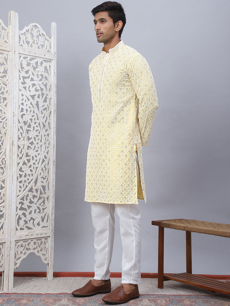 Men's Yellow Chikankari Embroidered and Sequence Kurta with Pyjama