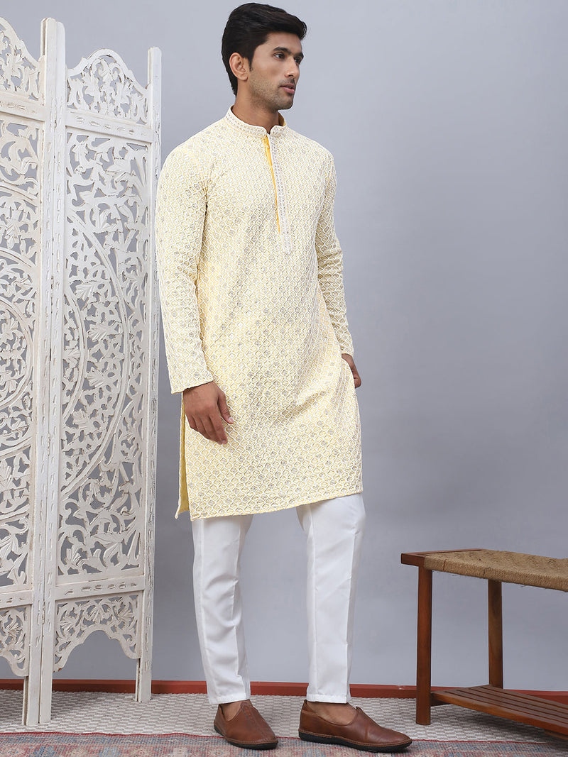 Men's Yellow Chikankari Embroidered and Sequence Kurta with Pyjama