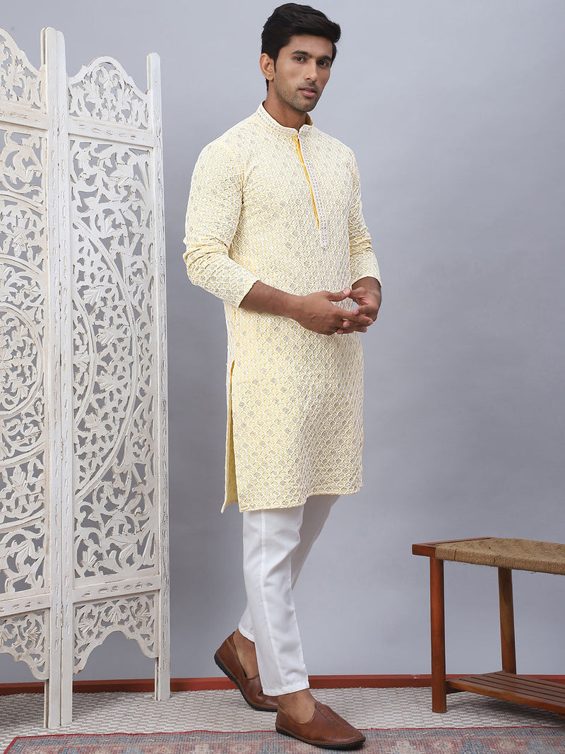 Men's Yellow Chikankari Embroidered and Sequence Kurta with Pyjama