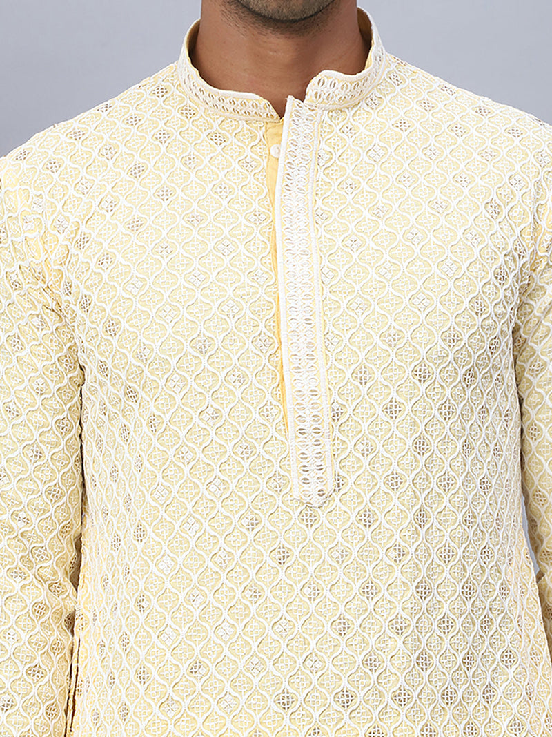 Men's Yellow Chikankari Embroidered and Sequence Kurta with Pyjama