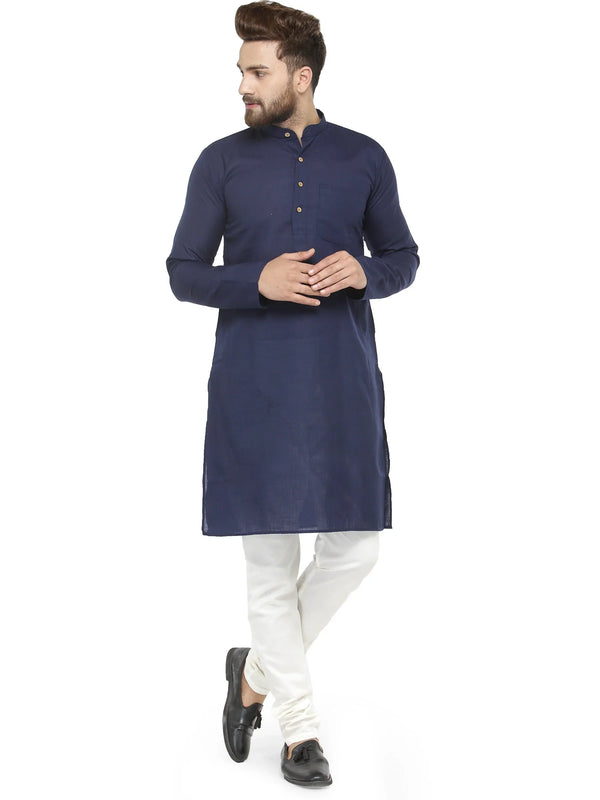 Men Navy Blue & White Solid Kurta with Churidar - Jompers