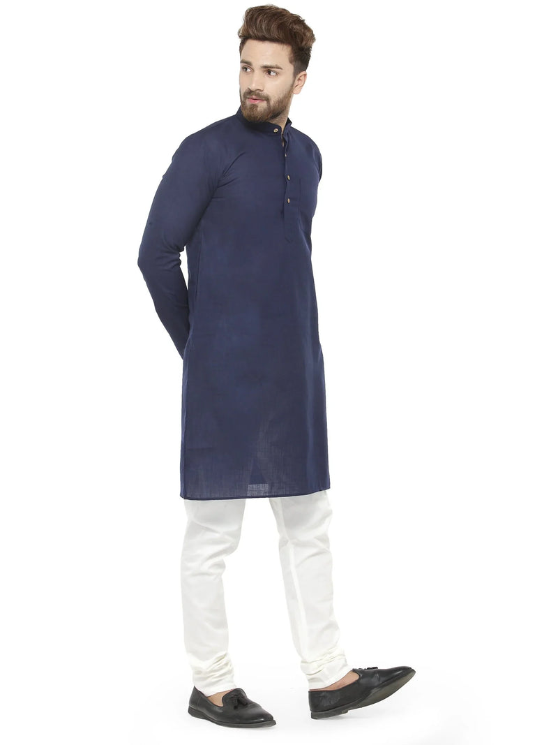 Men Navy Blue & White Solid Kurta with Churidar - Jompers