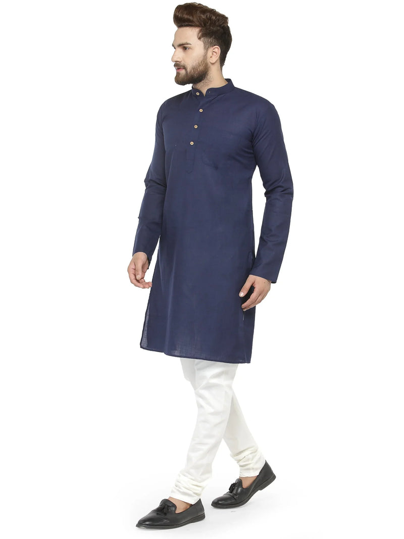 Men Navy Blue & White Solid Kurta with Churidar - Jompers