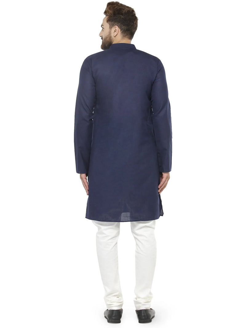 Men Navy Blue & White Solid Kurta with Churidar - Jompers