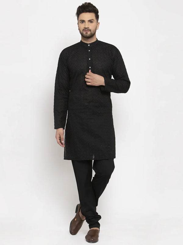 Jompers Men Black Chikan Kurta with Churidar ( JOKP 561 Black )