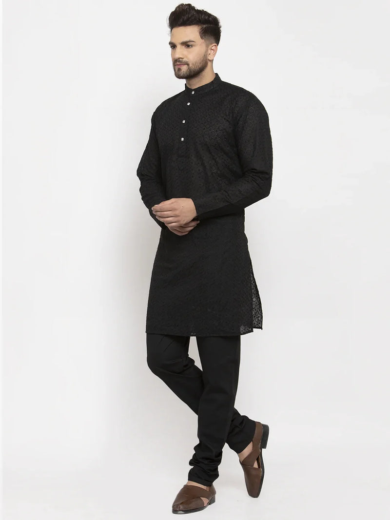 Jompers Men Black Chikan Kurta with Churidar ( JOKP 561 Black )