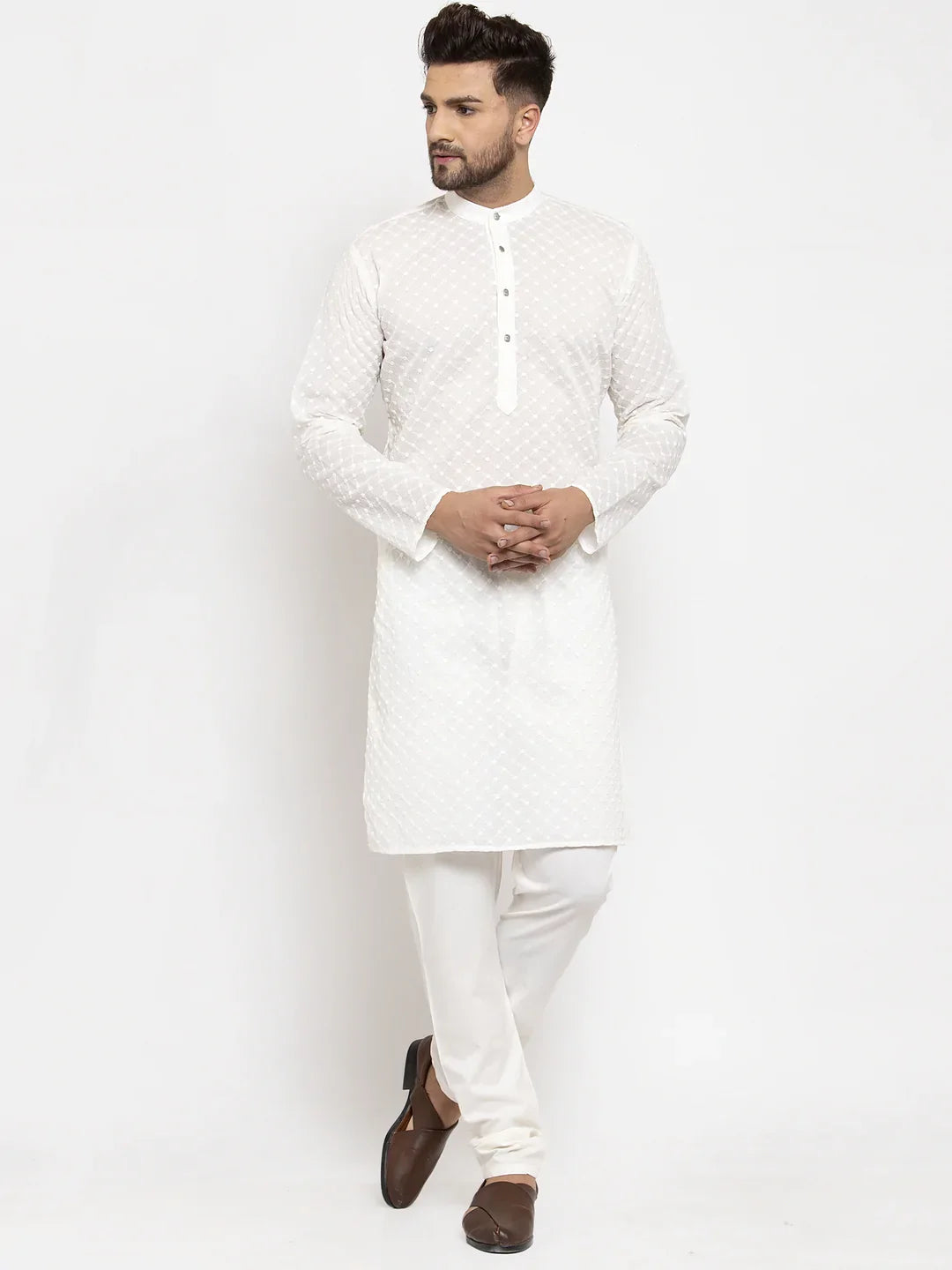 Jompers Men Cream Chikan Kurta with Churidar ( JOKP 561 Cream )