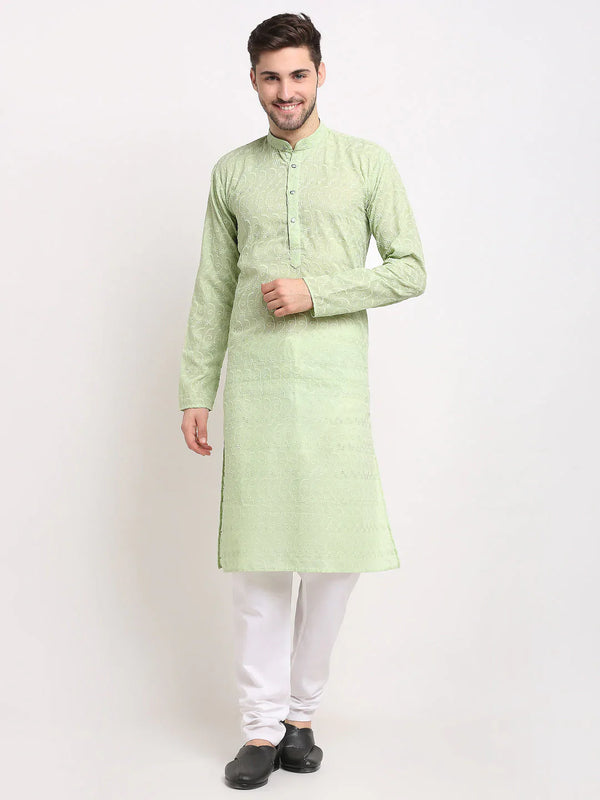 Jompers Men Green Chikan Kurta with Churidar ( JOKP 561 Green )