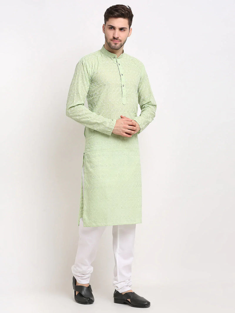 Jompers Men Green Chikan Kurta with Churidar ( JOKP 561 Green )