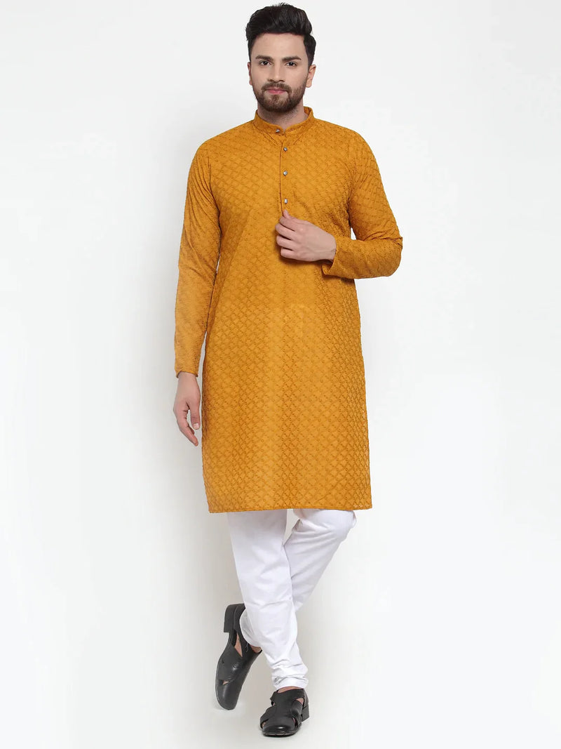 Jompers Men Mustard Chikan Kurta with Churidar ( JOKP 561 Mustard )