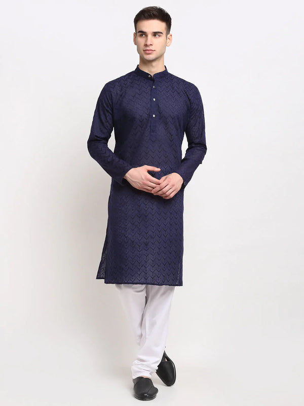 Jompers Men Navy Blue Chikan Kurta with Churidar ( JOKP 561 Navy )