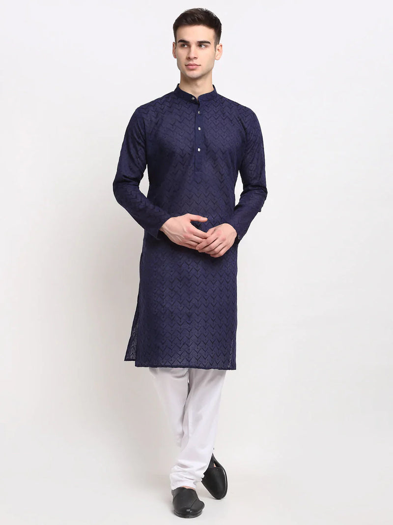 Jompers Men Navy Blue Chikan Kurta with Churidar ( JOKP 561 Navy )