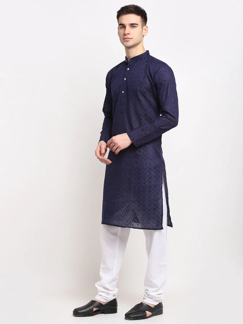 Jompers Men Navy Blue Chikan Kurta with Churidar ( JOKP 561 Navy )