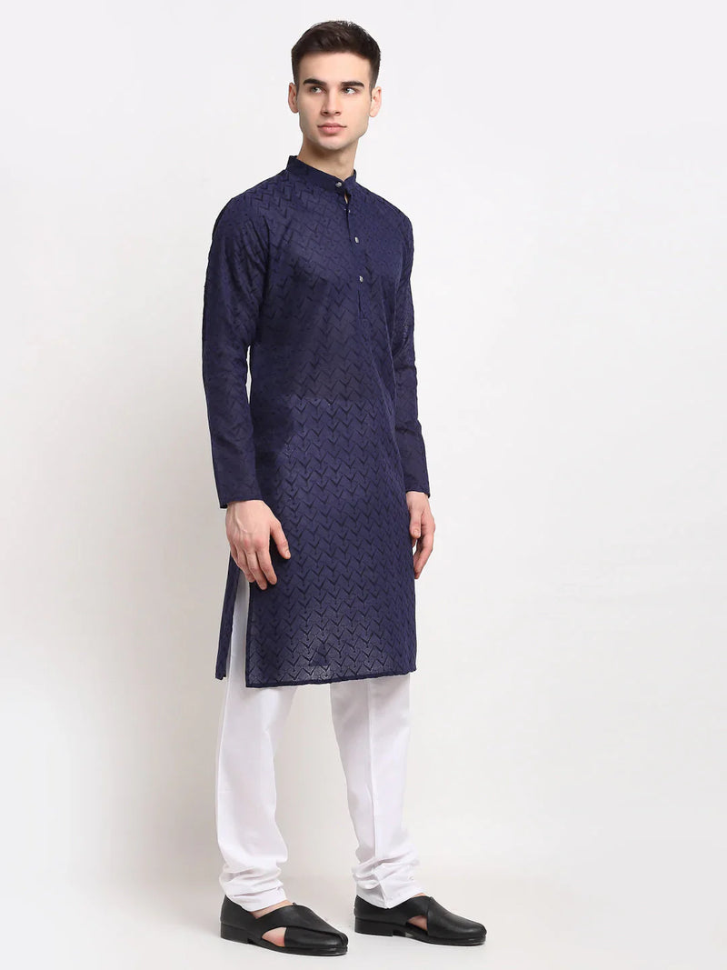 Jompers Men Navy Blue Chikan Kurta with Churidar ( JOKP 561 Navy )