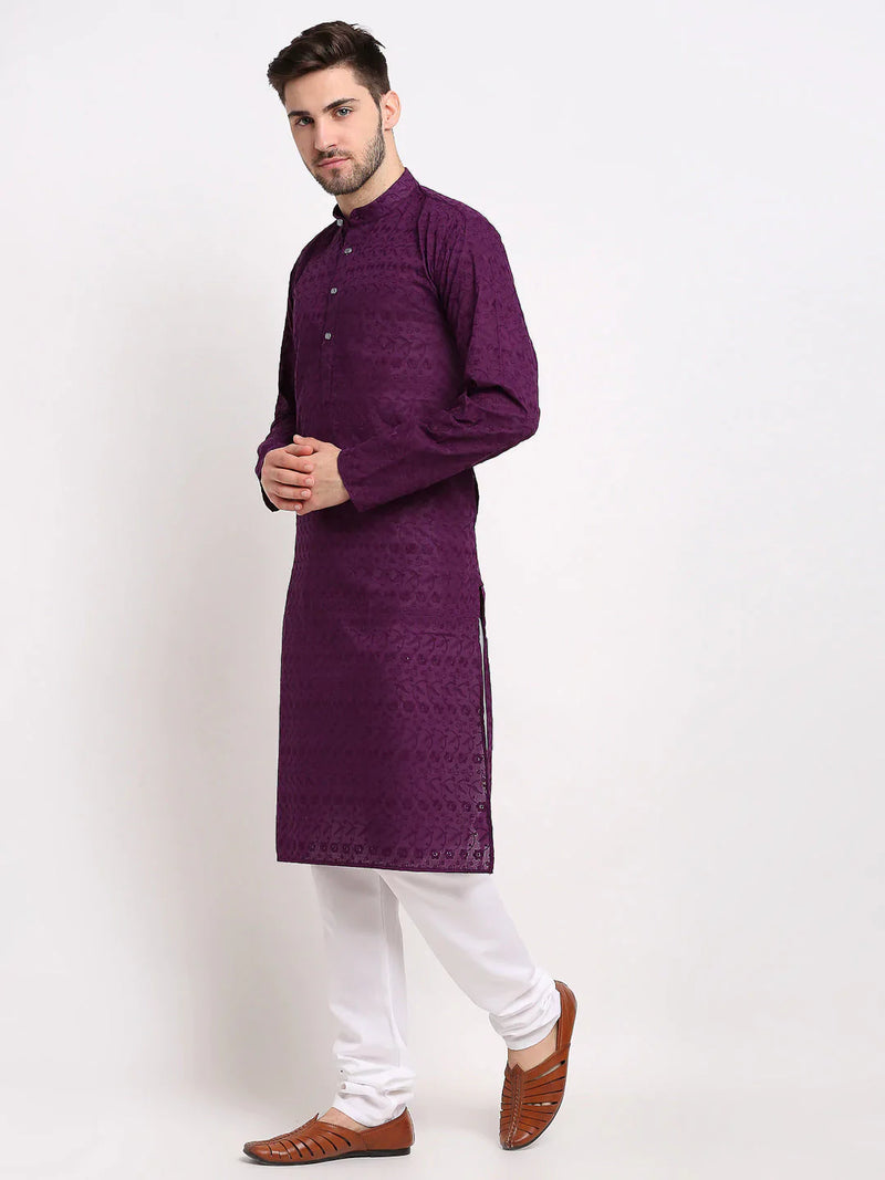 Jompers Men Purple Chikan Kurta with Churidar ( JOKP 561 Purple )