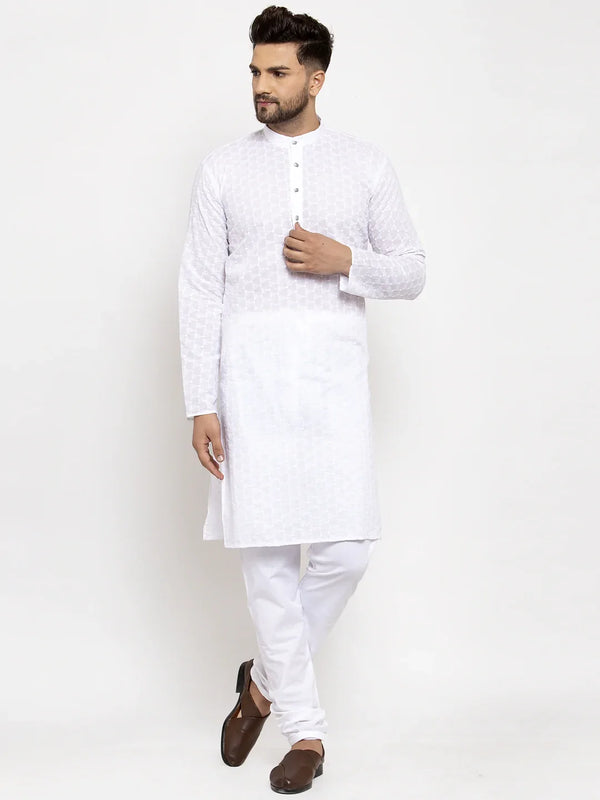 Jompers Men White Chikan Kurta with Churidar ( JOKP 561 White )