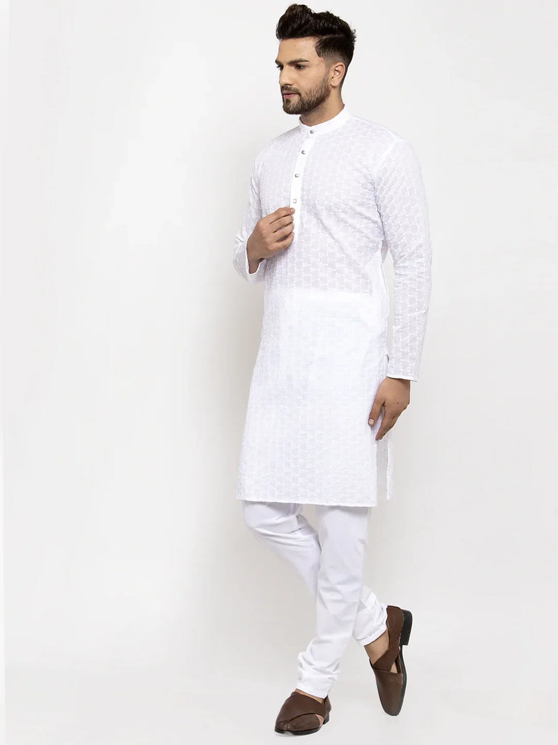 Jompers Men White Chikan Kurta with Churidar ( JOKP 561 White )