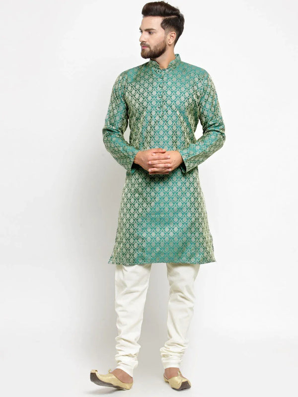 Men Green & Beige Self Design Kurta with Churidar - Jompers