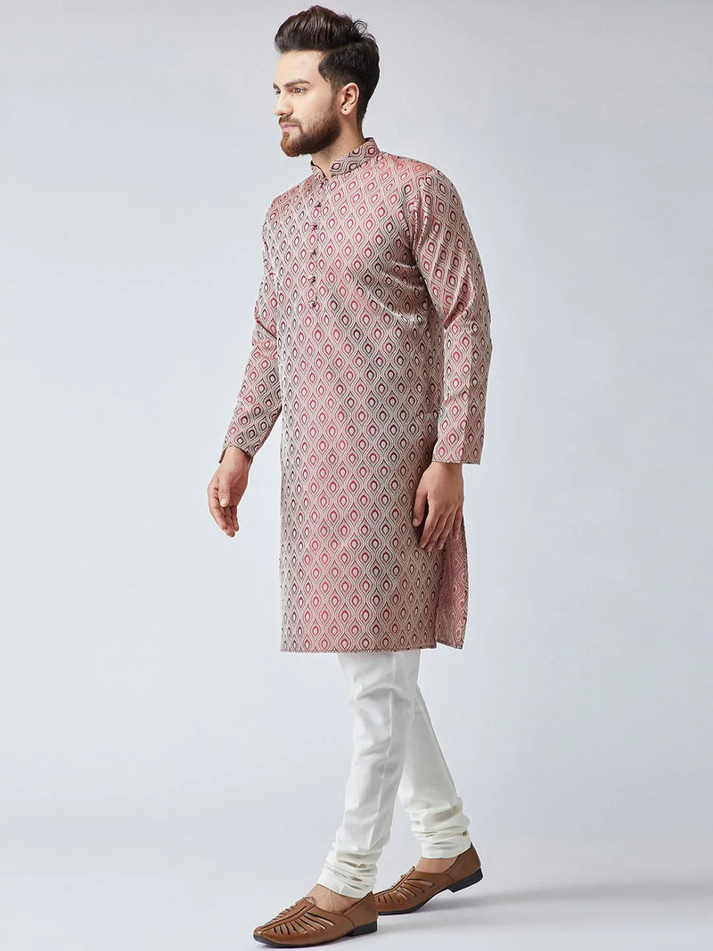 Men Maroon & Off-White Self Design Kurta with Churidar - Jompers