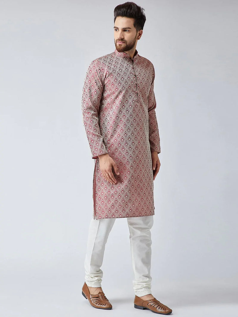 Men Maroon & Off-White Self Design Kurta with Churidar - Jompers