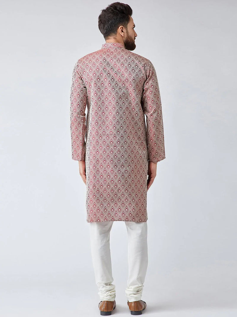 Men Maroon & Off-White Self Design Kurta with Churidar - Jompers