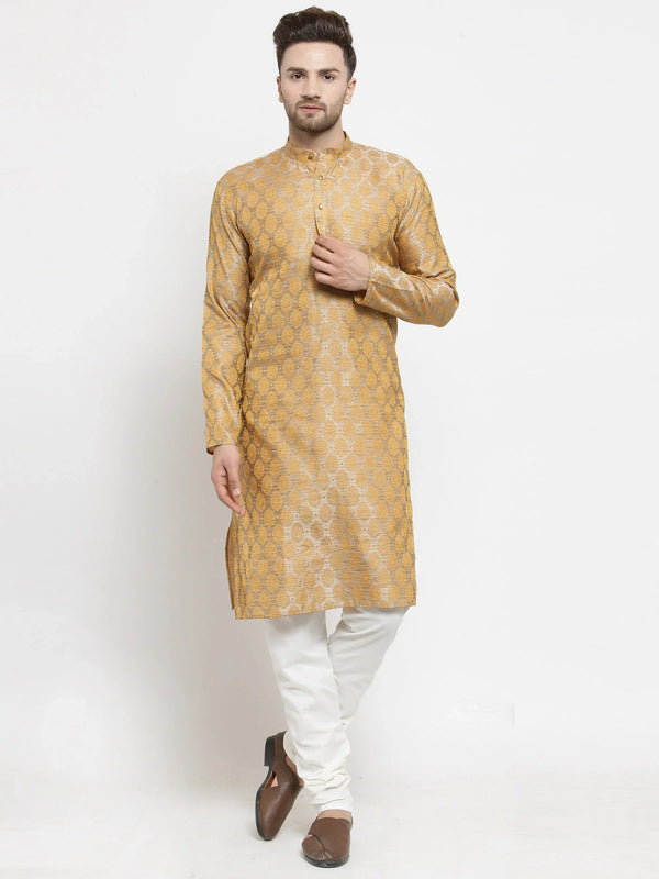 Men Silver-Colored & Golden Self Design Kurta with Churidar ( JOKP 586 Silver )