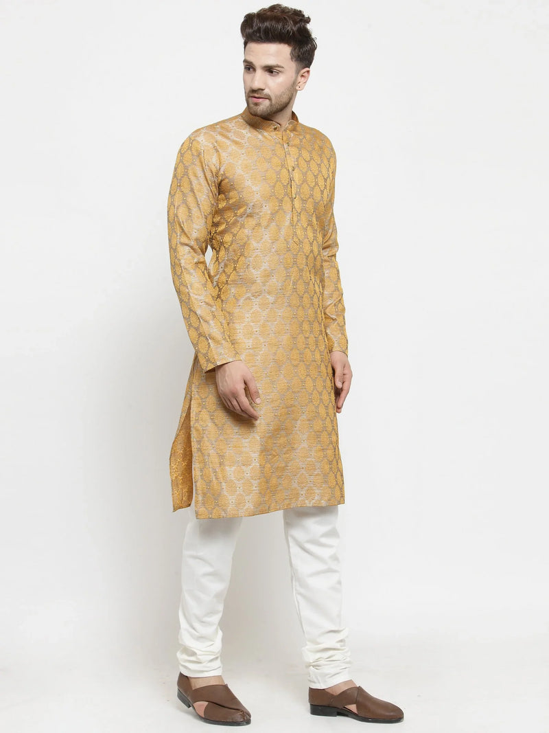 Men Silver-Colored & Golden Self Design Kurta with Churidar ( JOKP 586 Silver )