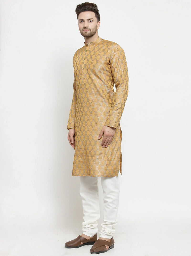 Men Silver-Colored & Golden Self Design Kurta with Churidar ( JOKP 586 Silver )