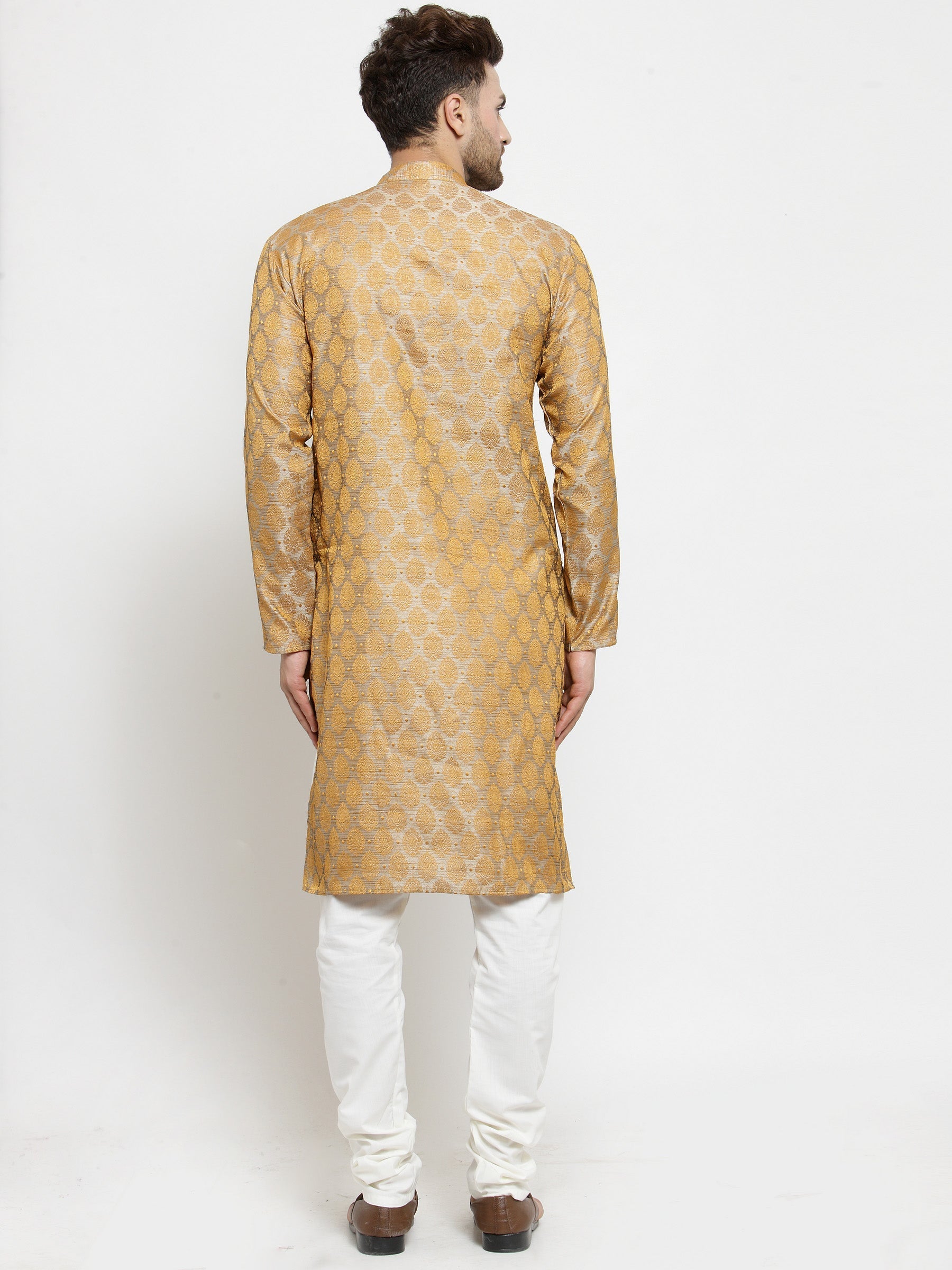 Men Silver-Colored & Golden Self Design Kurta with Churidar