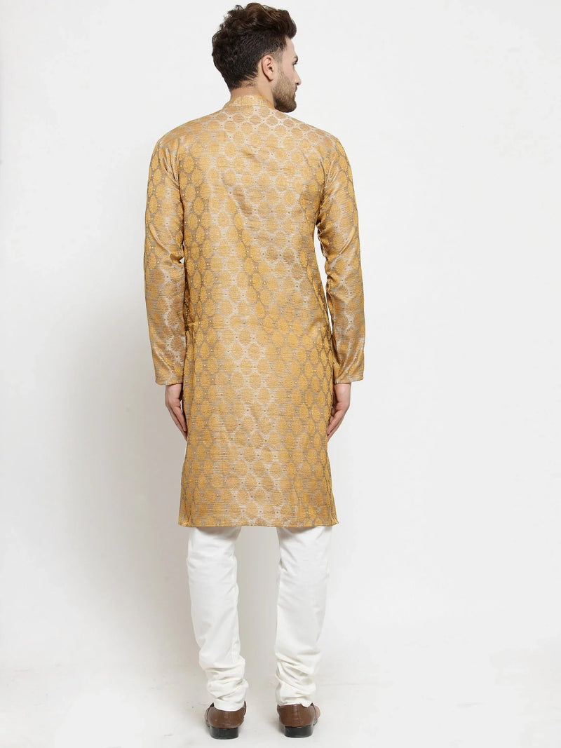 Men Silver-Colored & Golden Self Design Kurta with Churidar ( JOKP 586 Silver )