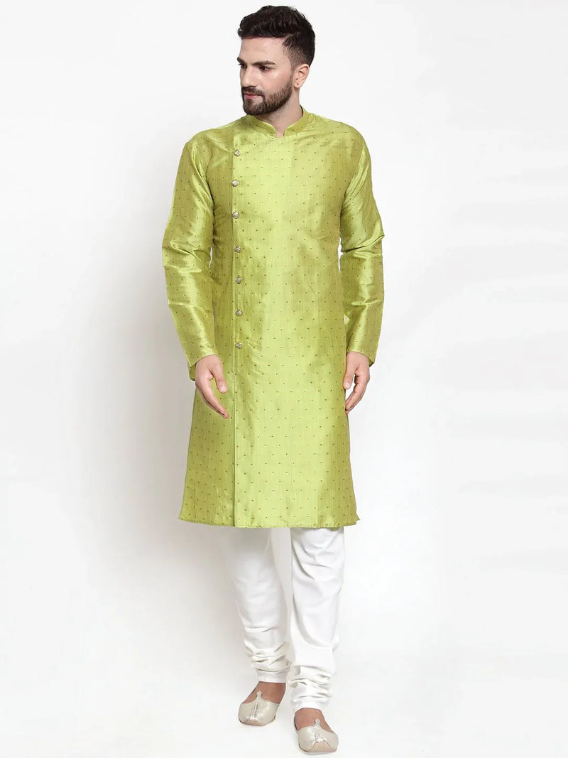 Jompers Men Light-Green & Golden Self Design Kurta with Churidar ( JOKP 590 Light-Green )