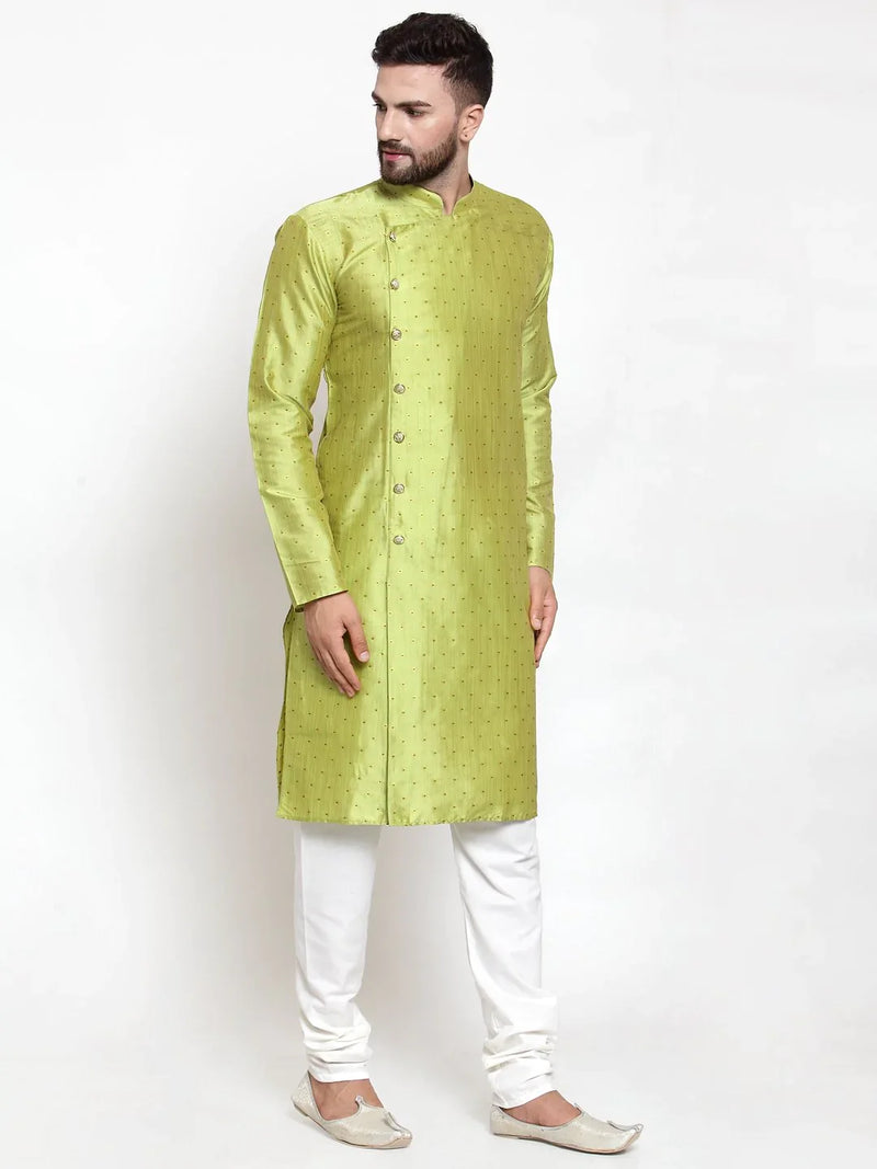 Jompers Men Light-Green & Golden Self Design Kurta with Churidar ( JOKP 590 Light-Green )