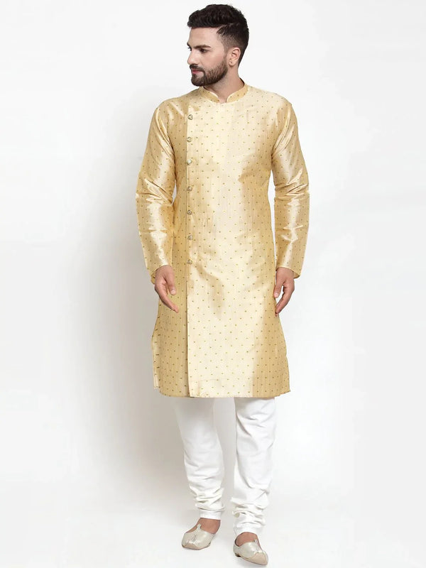 Jompers Men Mustard & Golden Self Design Kurta with Churidar ( JOKP 590 Mustard )