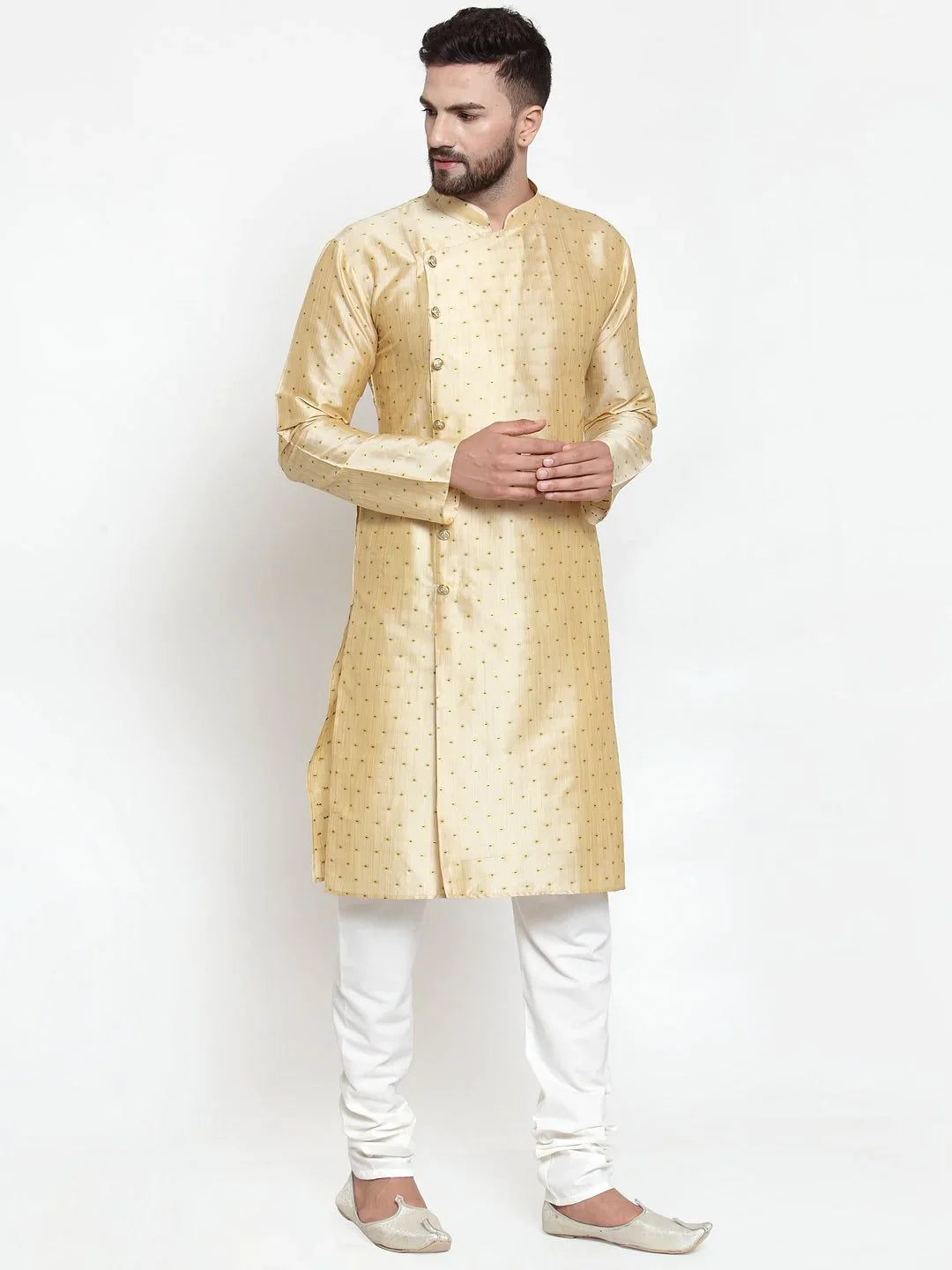 Jompers Men Mustard & Golden Self Design Kurta with Churidar ( JOKP 590 Mustard )