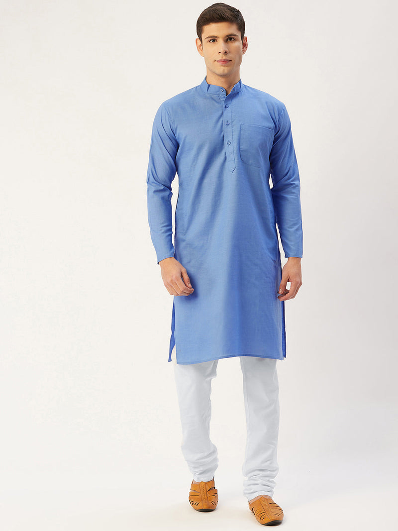 Jompers Men's Blue Cotton Solid Kurta Pyjama