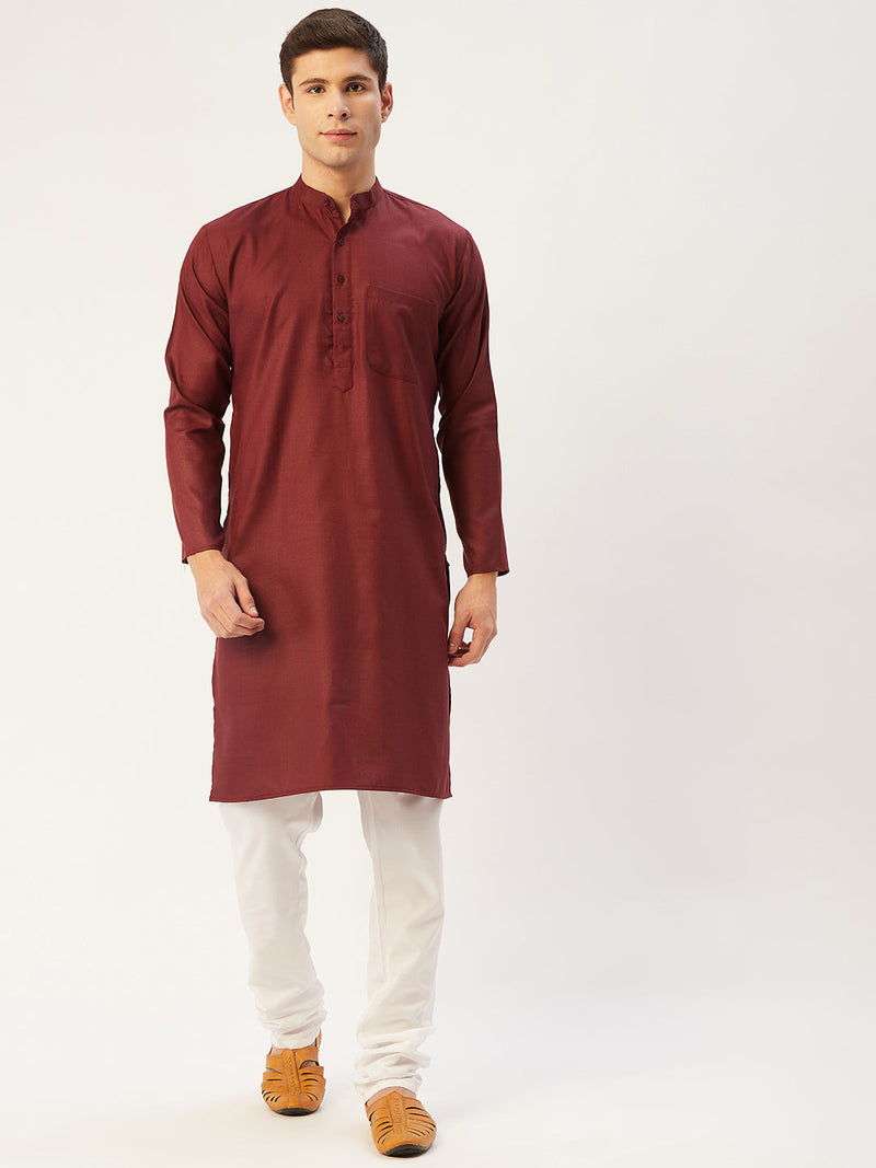 Jompers Men's Maroon Cotton Solid Kurta Pyjama