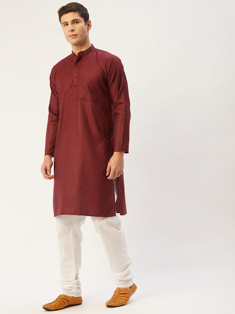 Jompers Men's Maroon Cotton Solid Kurta Pyjama