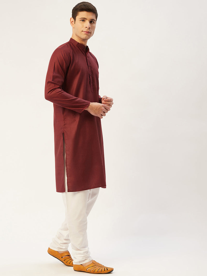 Jompers Men's Maroon Cotton Solid Kurta Pyjama