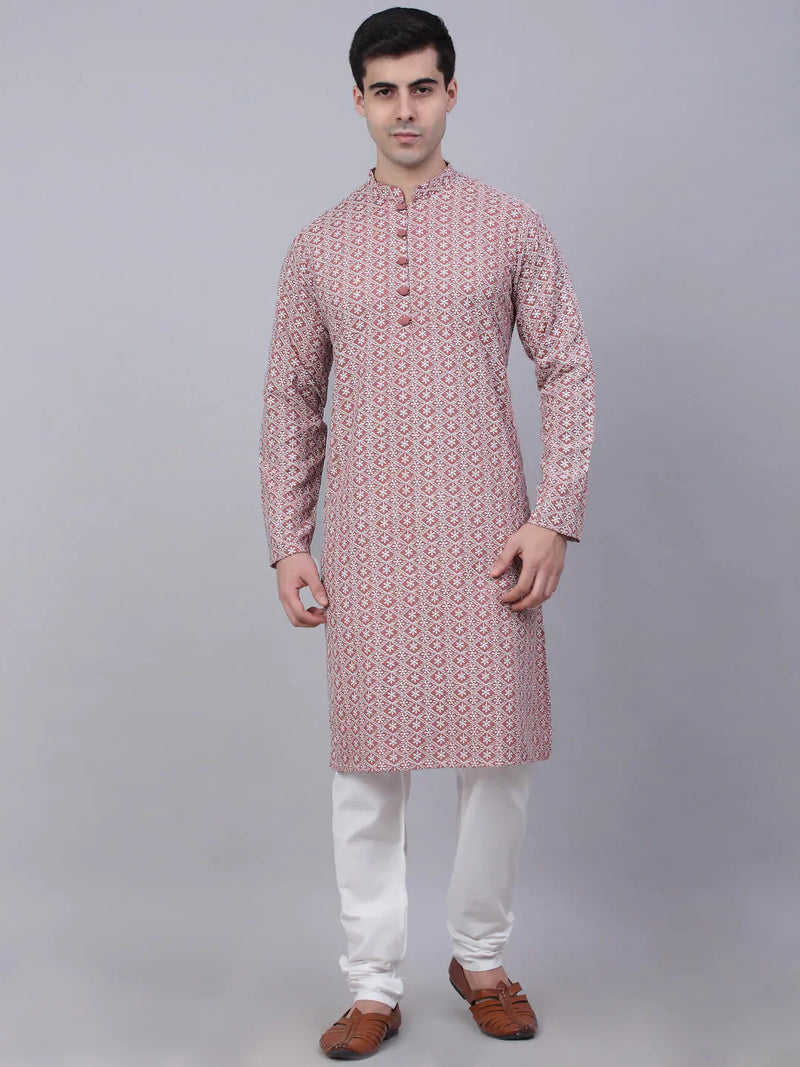 Men's Coral Red & White Embroidered Straight Kurta Pyjama Set ( JOKP 626 Coral )