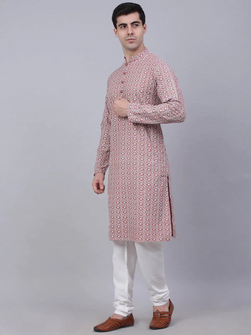 Men's Coral Red & White Embroidered Straight Kurta Pyjama Set ( JOKP 626 Coral )