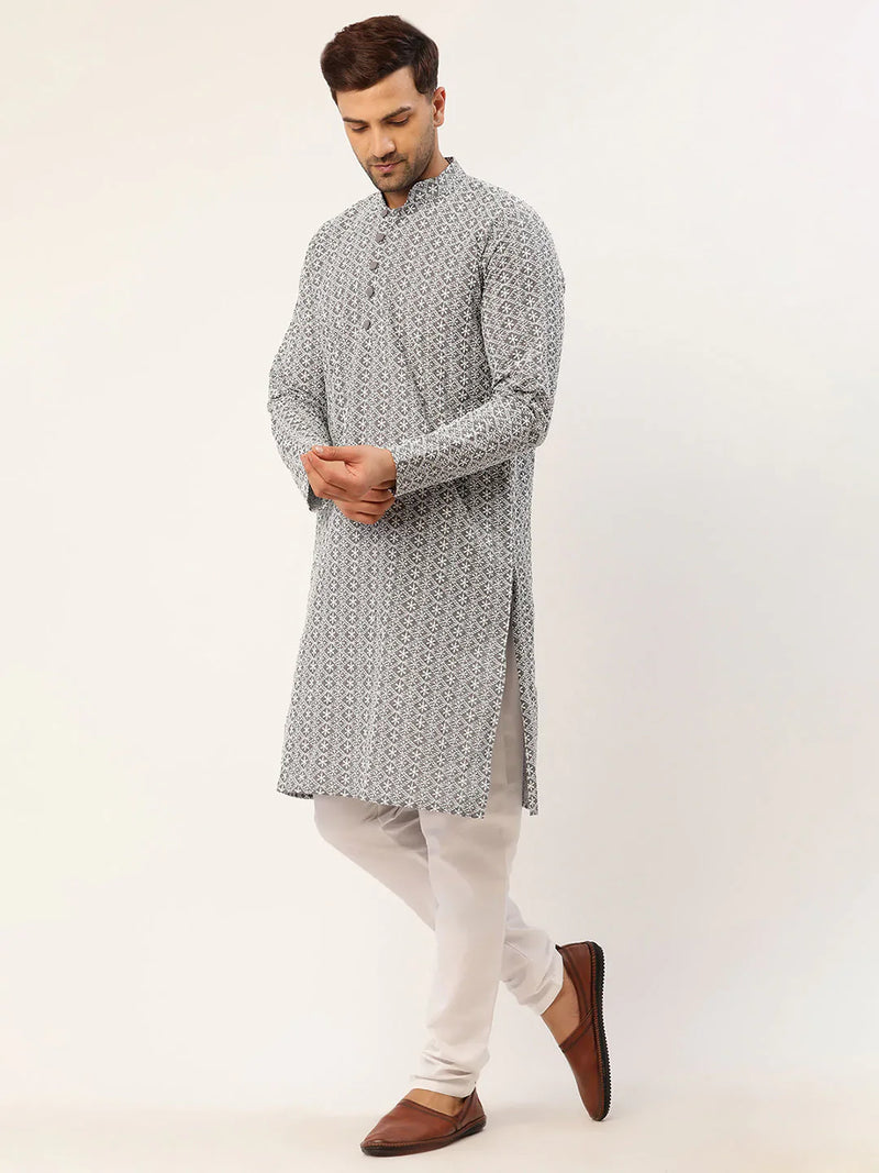 Men's Grey & White Embroidered Straight Kurta Pyjama Set ( JOKP 626 Grey )