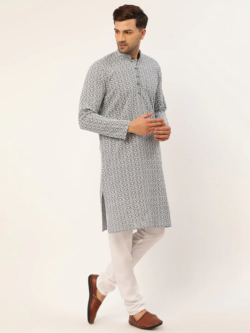 Men's Grey & White Embroidered Straight Kurta Pyjama Set ( JOKP 626 Grey )