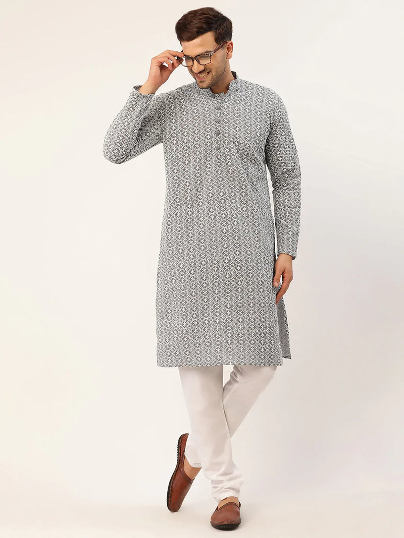 Men's Grey & White Embroidered Straight Kurta Pyjama Set ( JOKP 626 Grey )