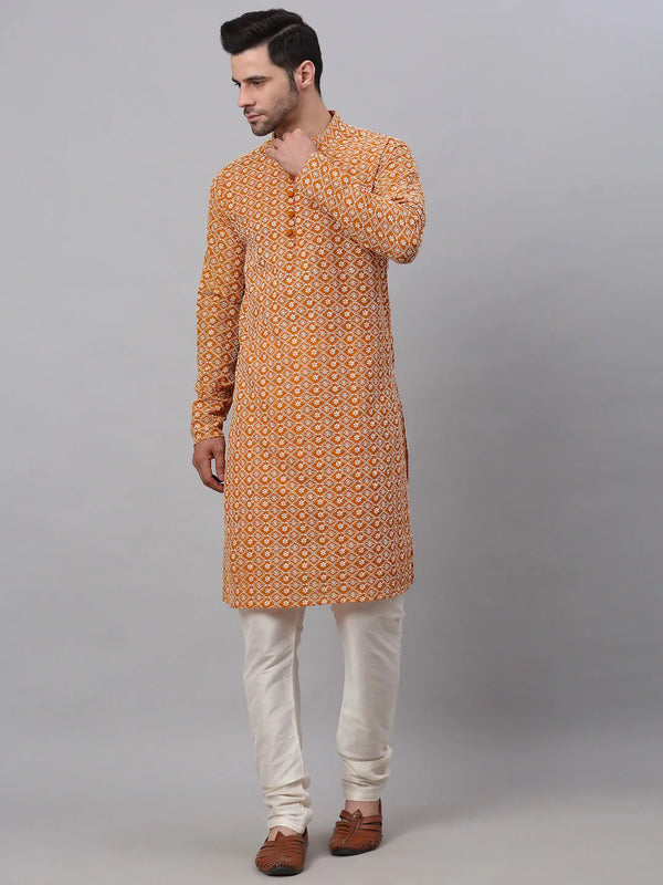 Men's Mustard & White Embroidered Straight Kurta Pyjama Set ( JOKP 626 Mustard )