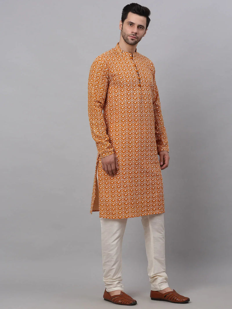 Men's Mustard & White Embroidered Straight Kurta Pyjama Set ( JOKP 626 Mustard )